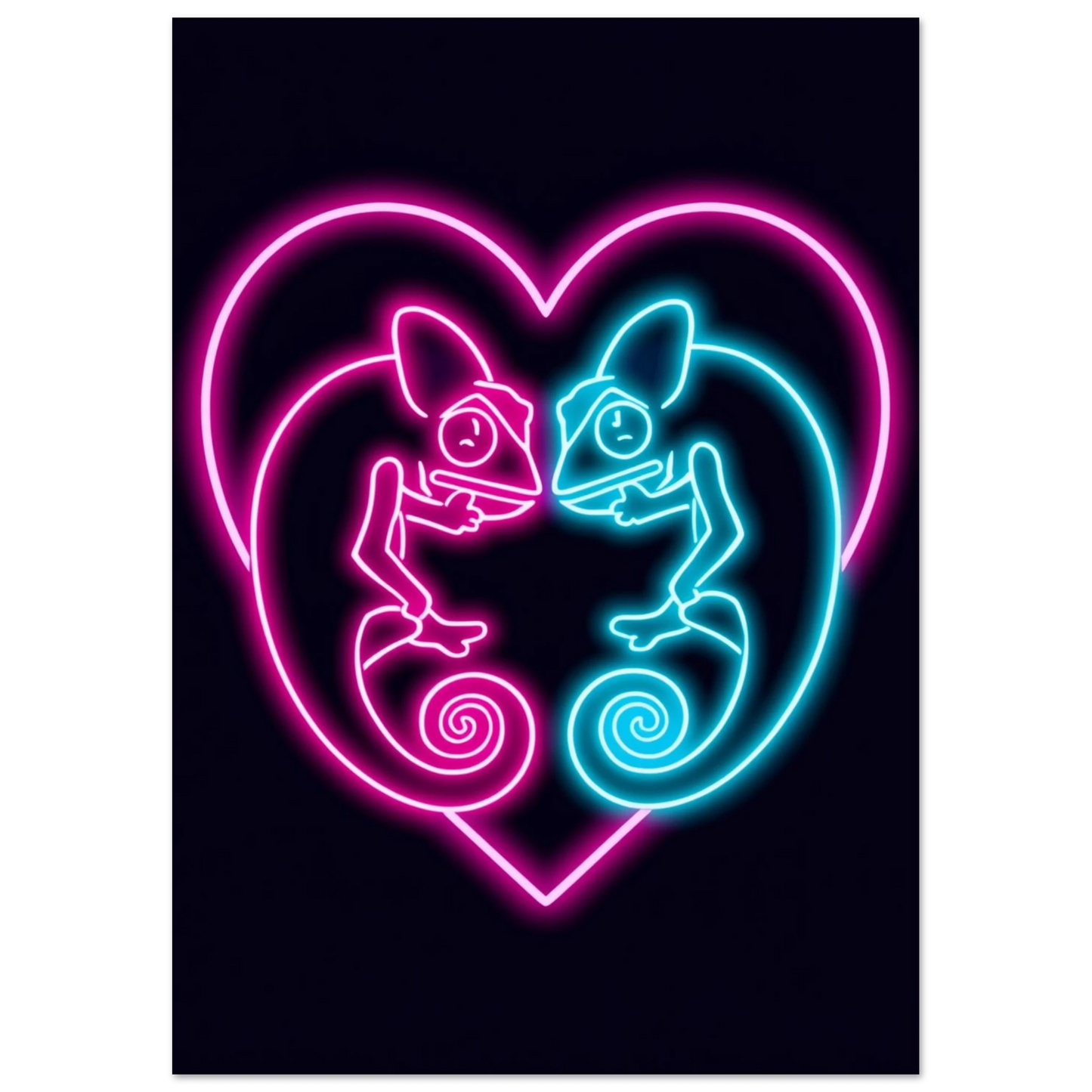 Modern tavla med kameleonter i lysande magenta och cyanblå neon