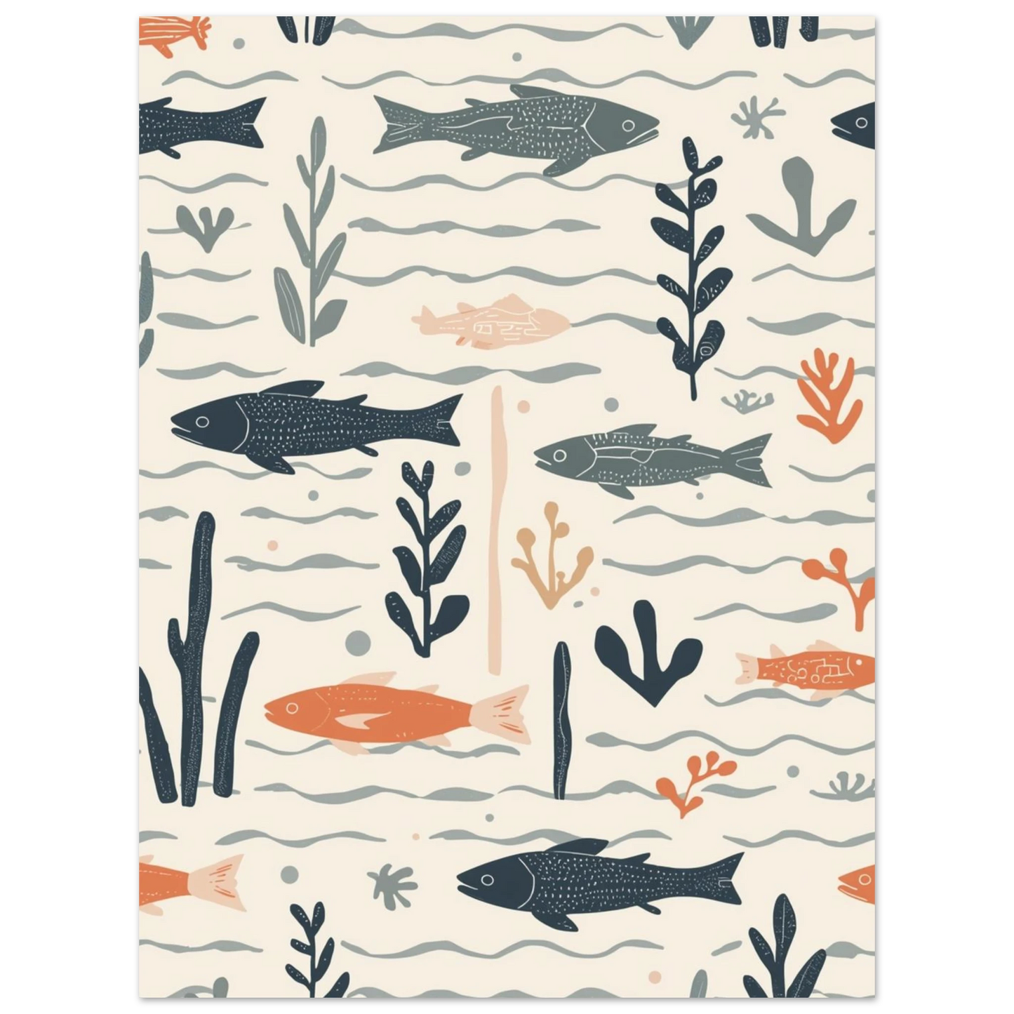 Grafiskt print med havstema föreställande fiskar i blått och korallrött