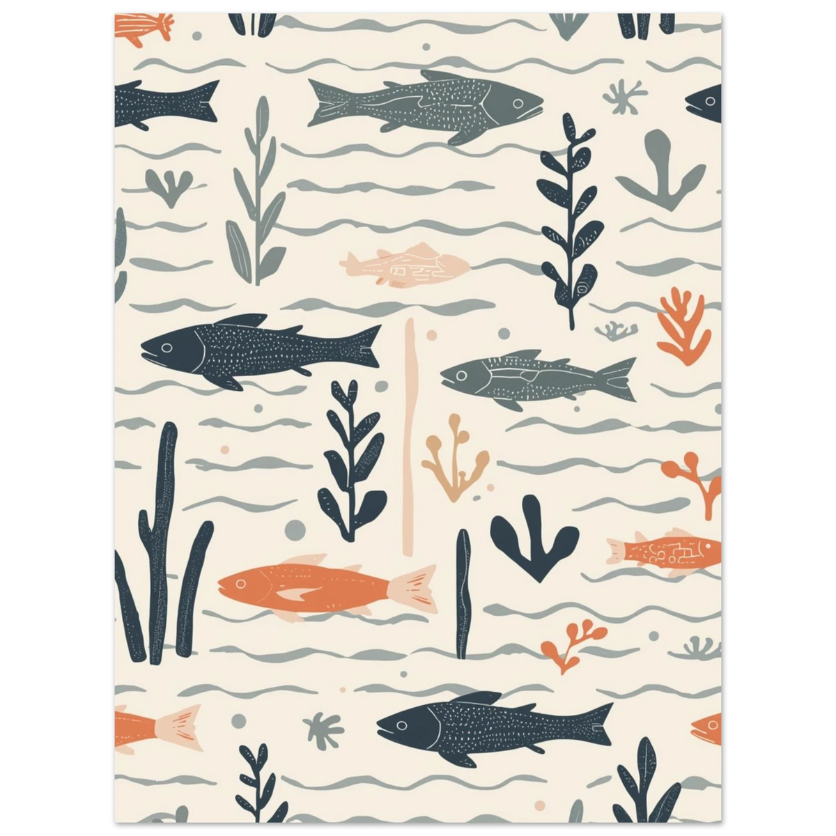 Grafiskt print med havstema föreställande fiskar i blått och korallrött