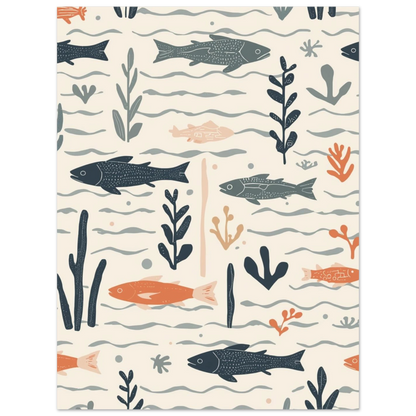 Grafiskt print med havstema föreställande fiskar i blått och korallrött