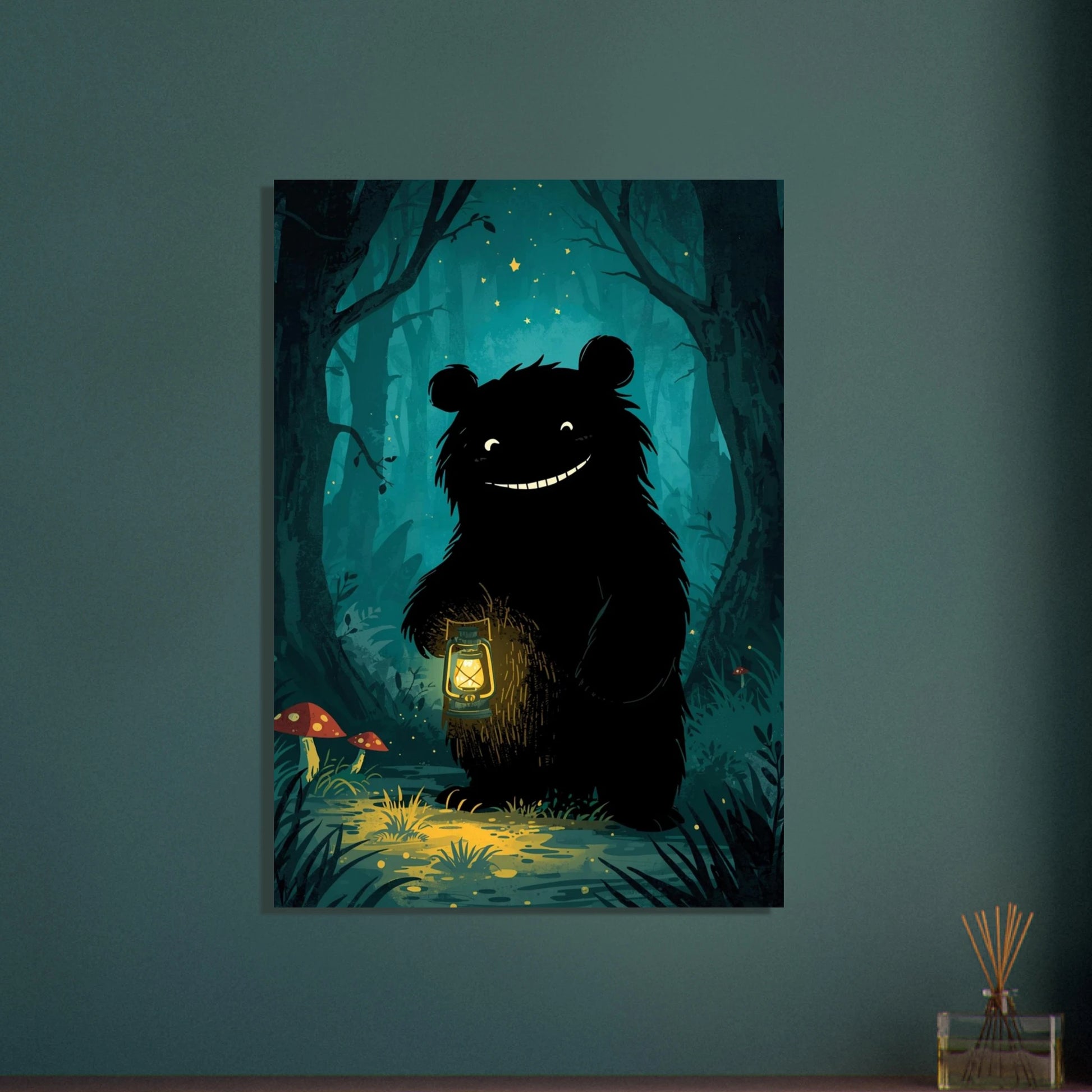 Björn med lykta i mörk skog, fantasifull illustration
