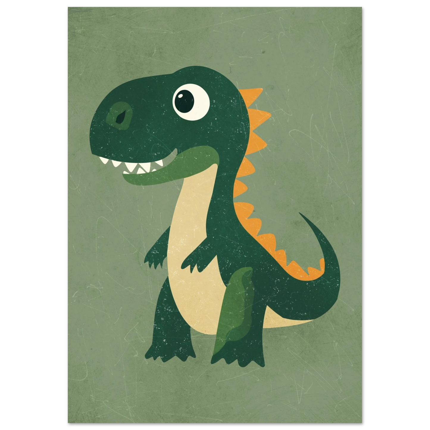 Vänlig dinosaurieposter med texturerad grön bakgrund och glada ögon