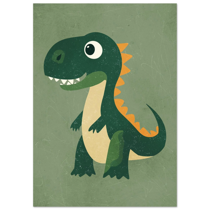 Vänlig dinosaurieposter med texturerad grön bakgrund och glada ögon