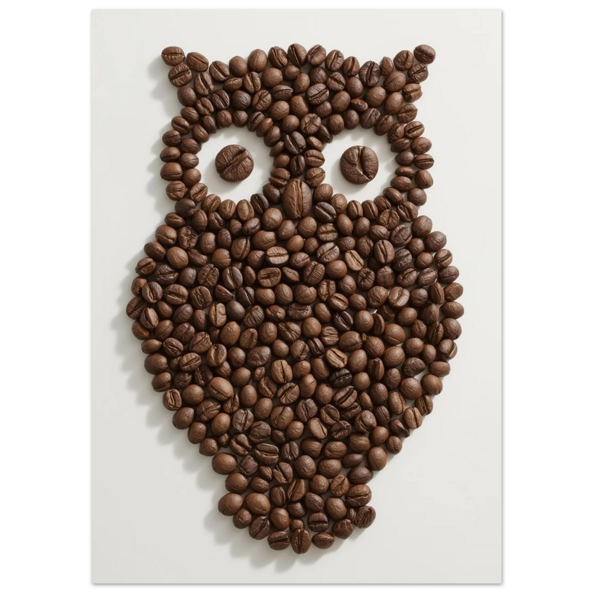 Närbild på ugglefigur formad av rostade kaffebönor, unik kökskonst