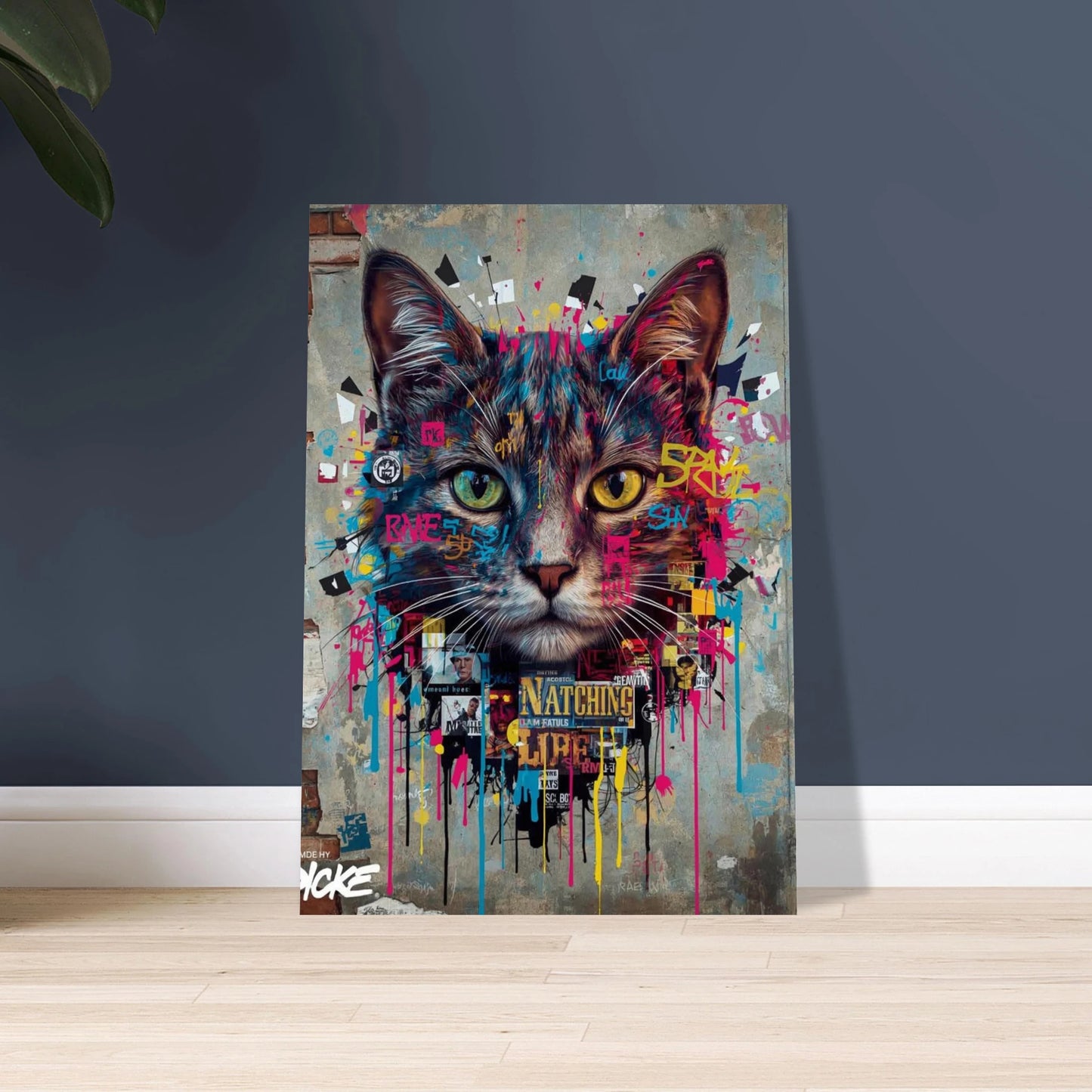 Kattansikte i street art-stil med färgstänk och graffiti på vägg