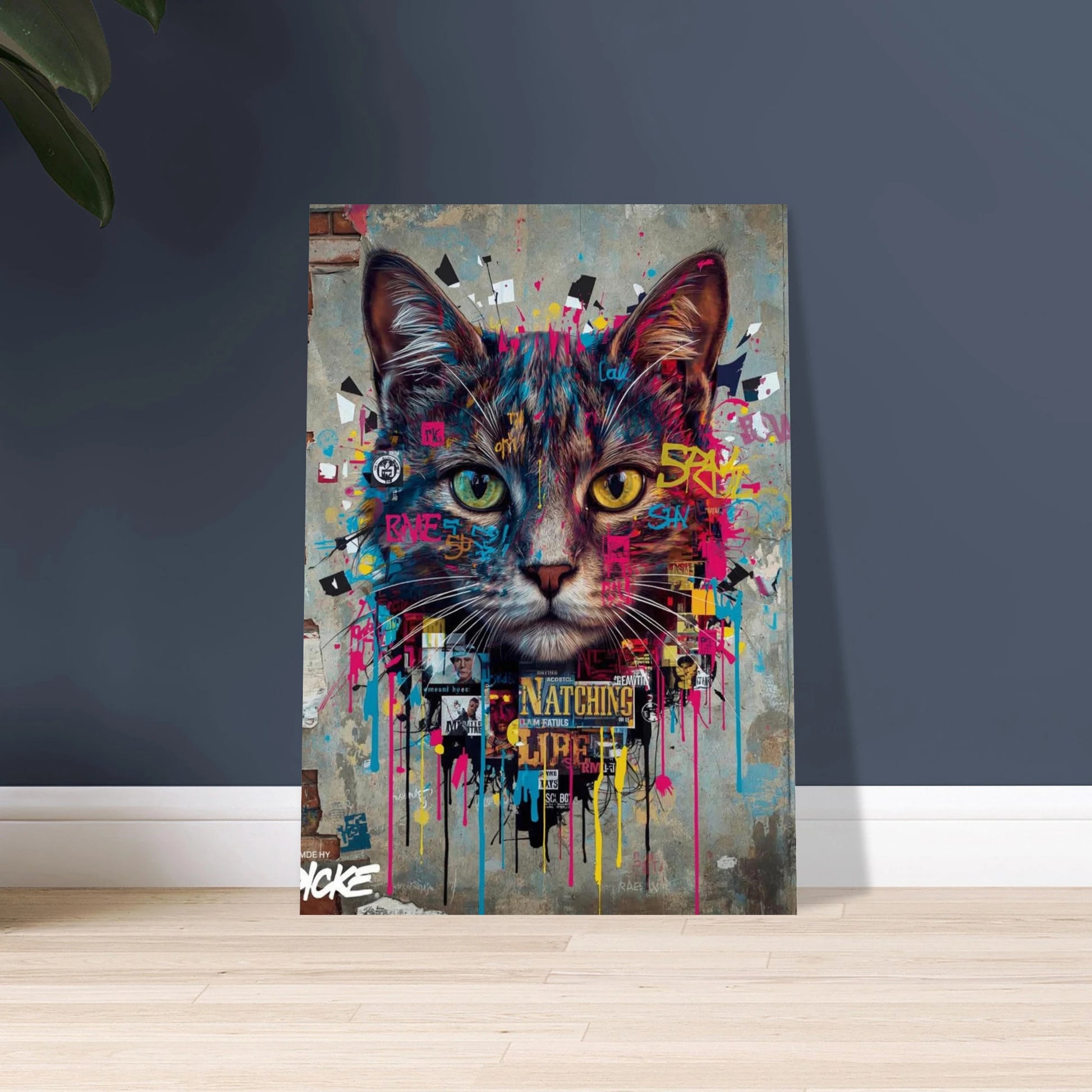 Kattansikte i street art-stil med färgstänk och graffiti på vägg
