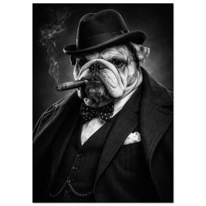 Humoristiskt porträtt av bulldog-gentleman med fluga och rökande cigarr – Fotorealistisk poster