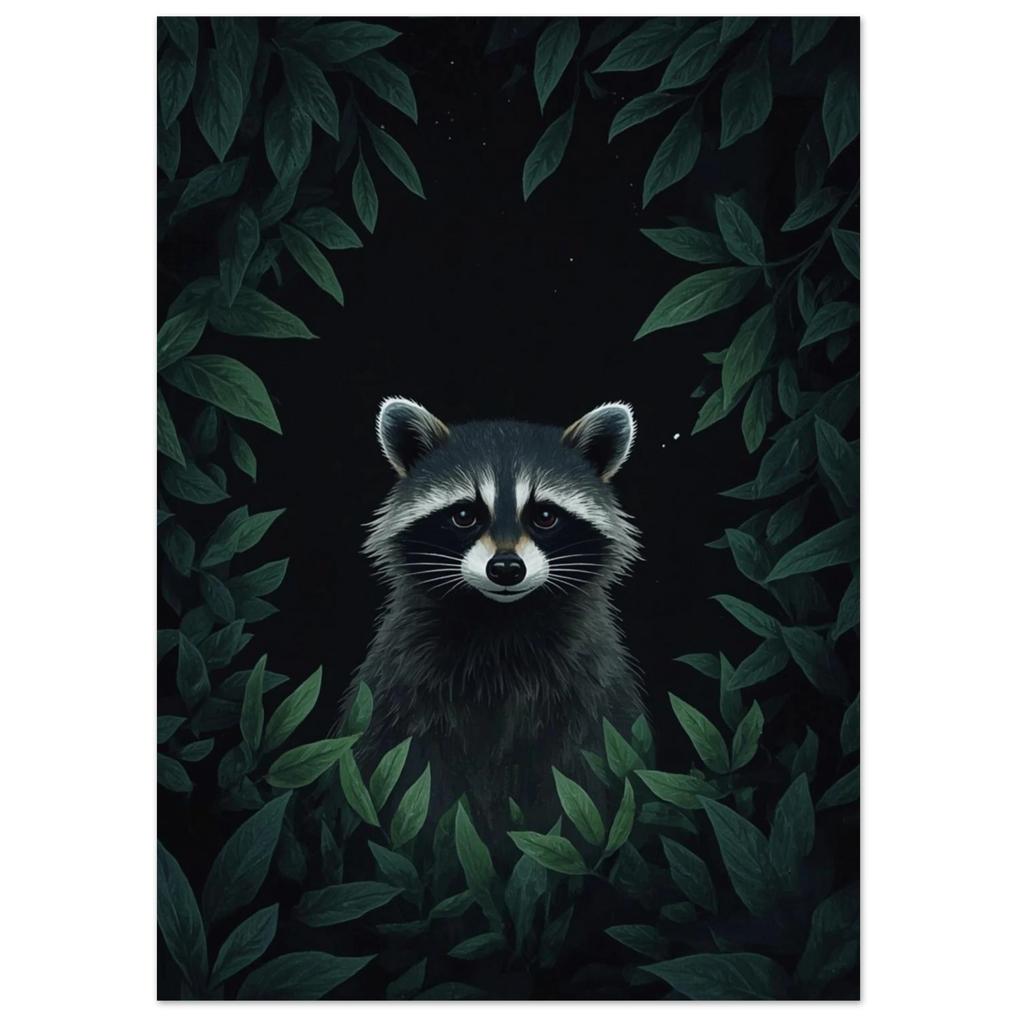 Nattlig illustration av tvättbjörn omgiven av lummiga blad – mörkt naturmotiv