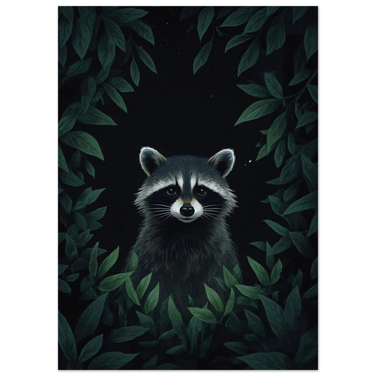 Nattlig illustration av tvättbjörn omgiven av lummiga blad – mörkt naturmotiv