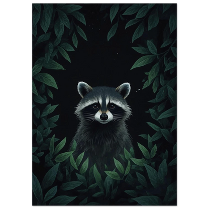 Nattlig illustration av tvättbjörn omgiven av lummiga blad – mörkt naturmotiv
