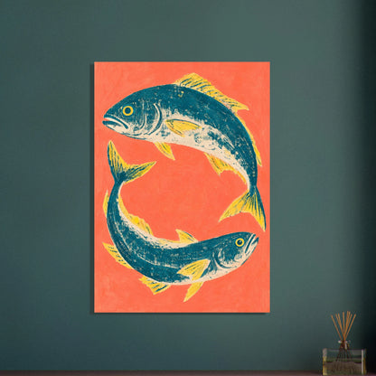 Tonfisk i grafisk cirkelkomposition på varm korallfärgad bakgrund