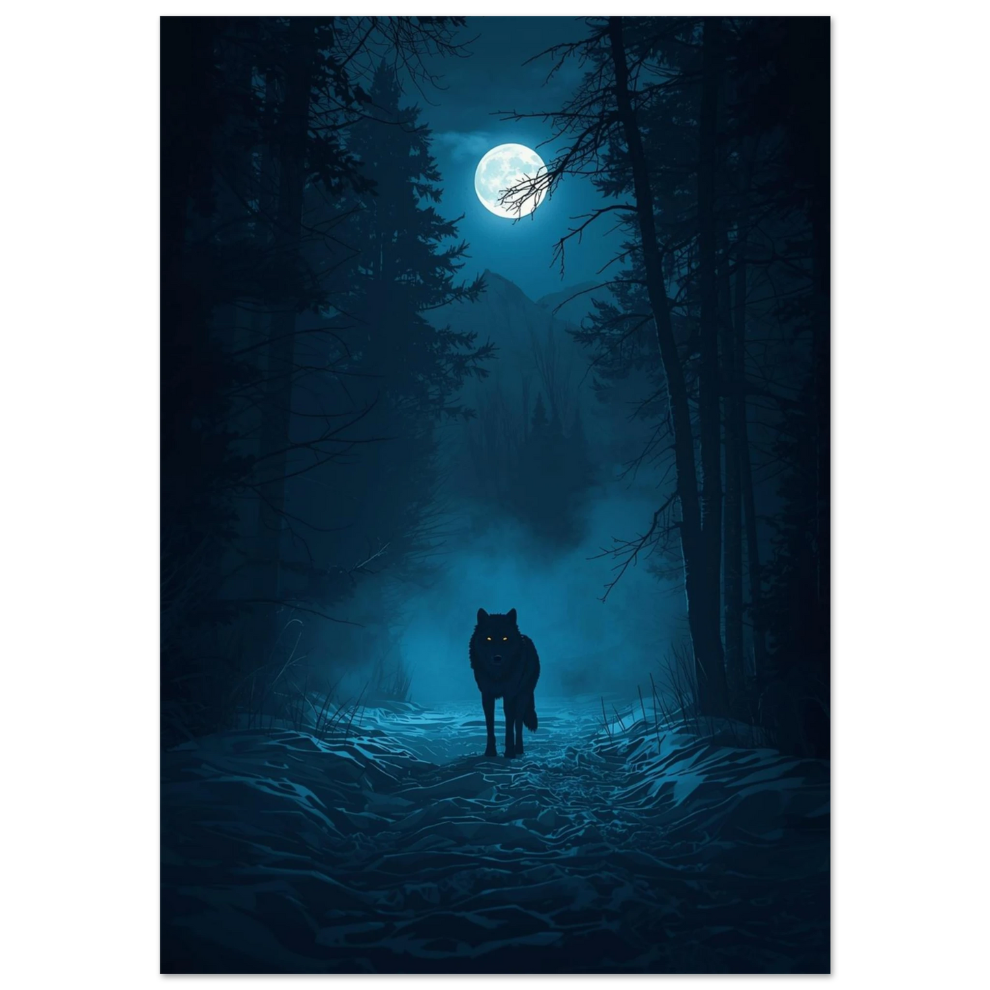Mystisk varg i blått månsken, digital illustration i mörk granskog