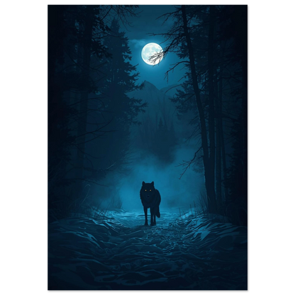 Mystisk varg i blått månsken, digital illustration i mörk granskog