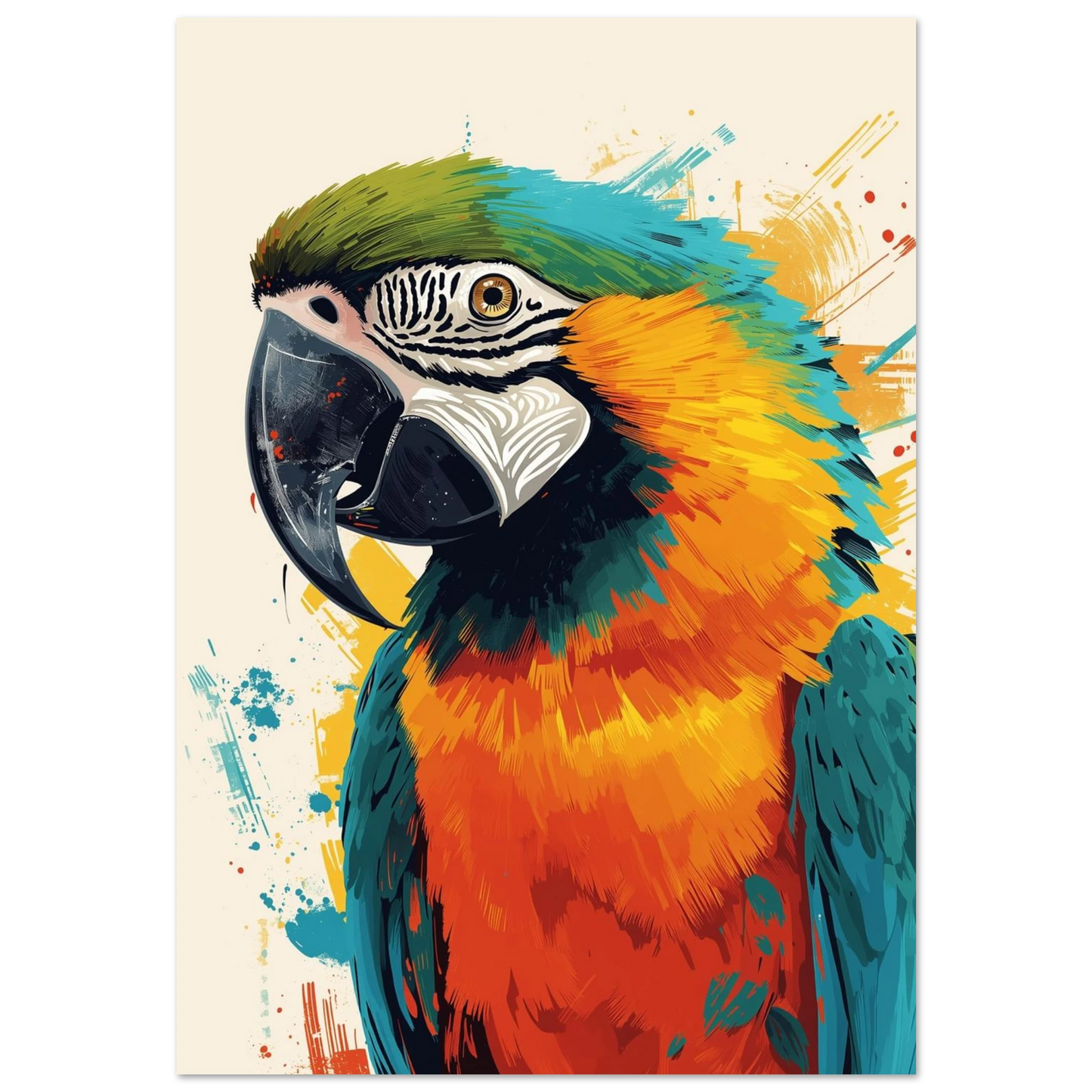 Färgglad papegoja i profil med blåa och orangea fjädrar – digital illustration
