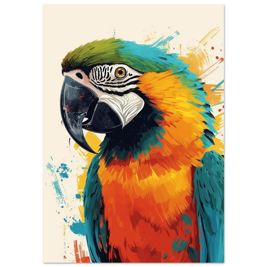 Färgglad papegoja i profil med blåa och orangea fjädrar – digital illustration