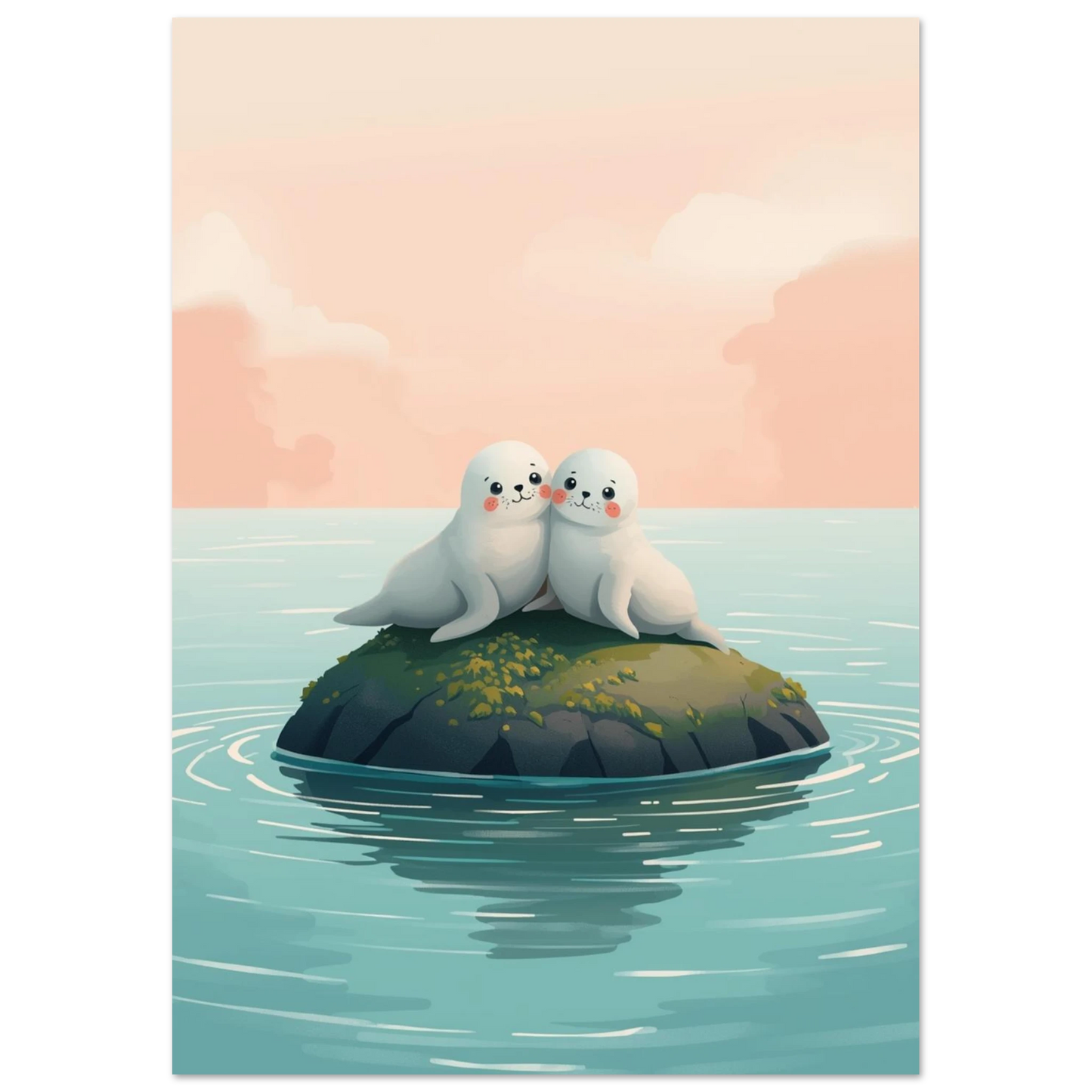 Illustration av sälungar som vilar på en sten vid solnedgång
