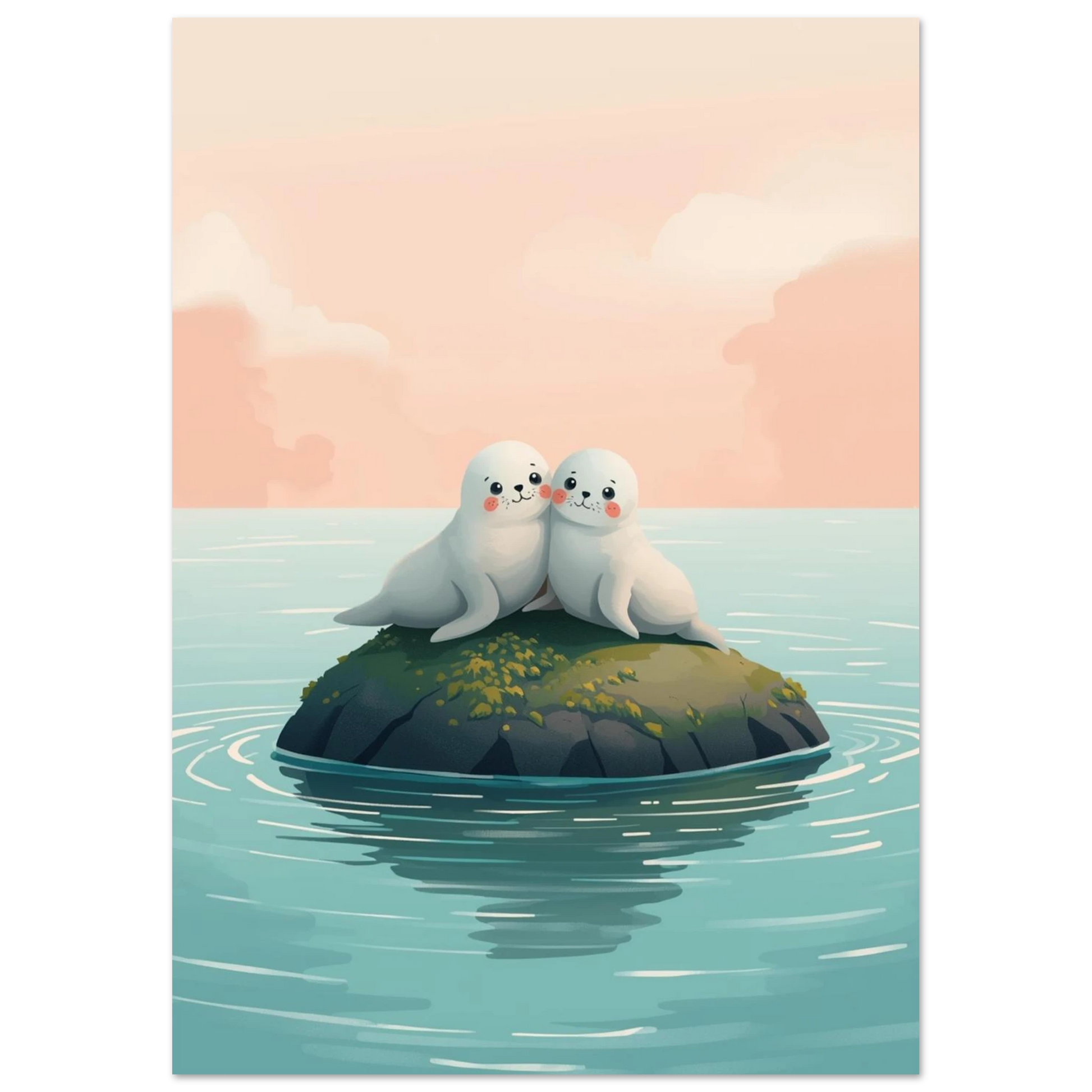 Illustration av sälungar som vilar på en sten vid solnedgång