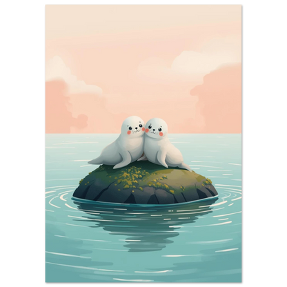 Illustration av sälungar som vilar på en sten vid solnedgång