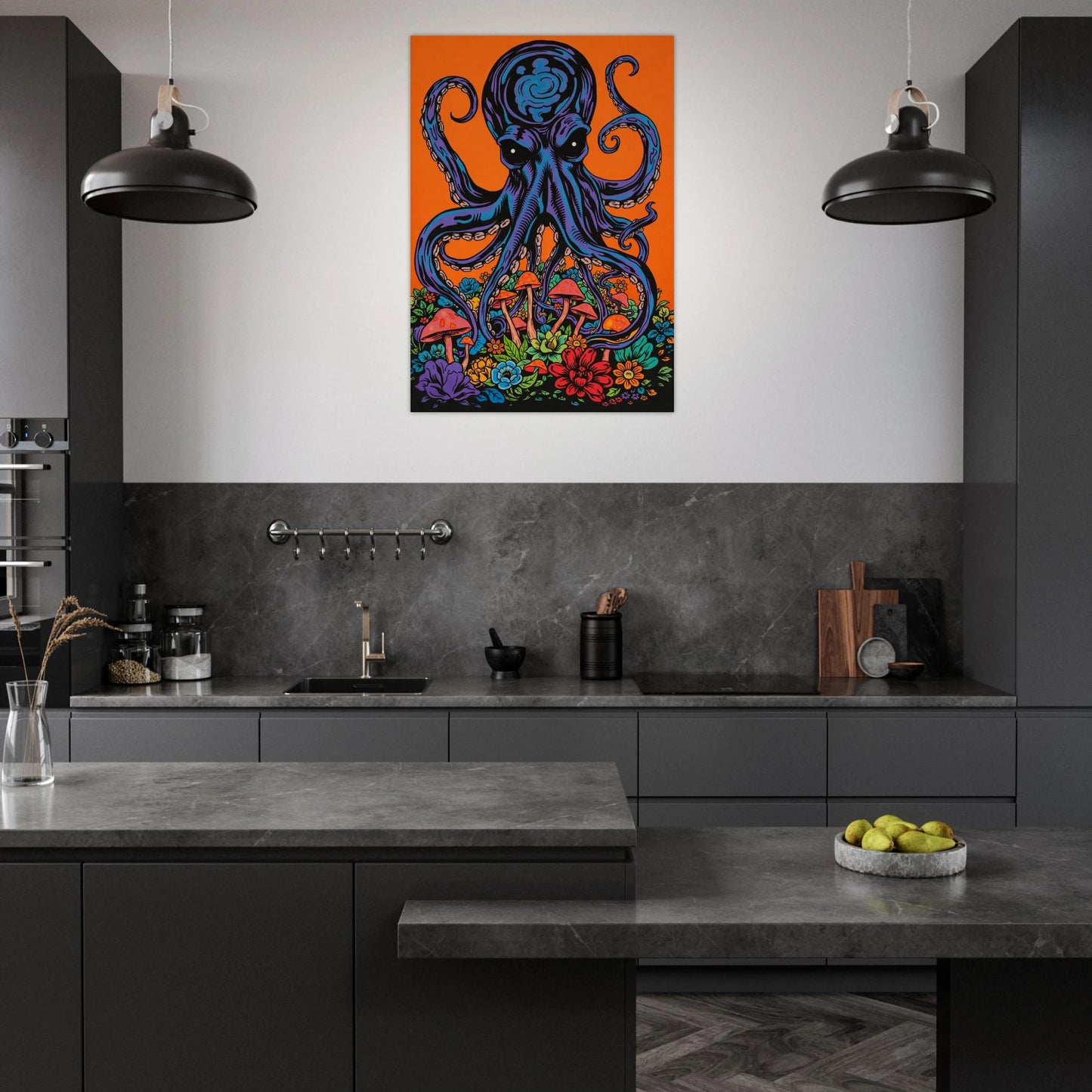 Modern inredning med en stor psykedelisk kraken-poster i ett stilrent kök