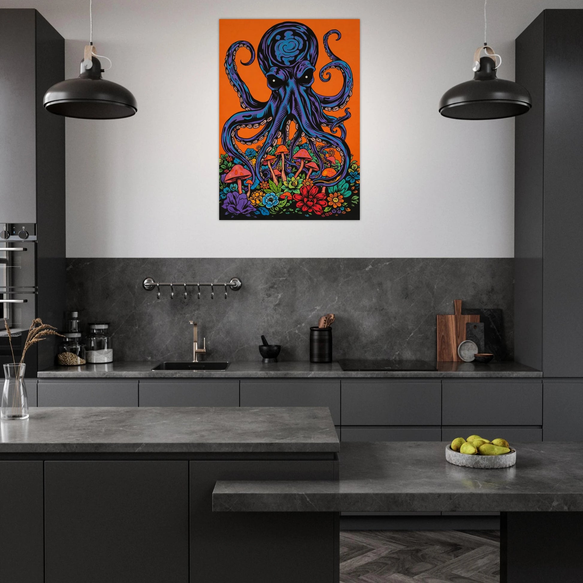 Modern inredning med en stor psykedelisk kraken-poster i ett stilrent kök