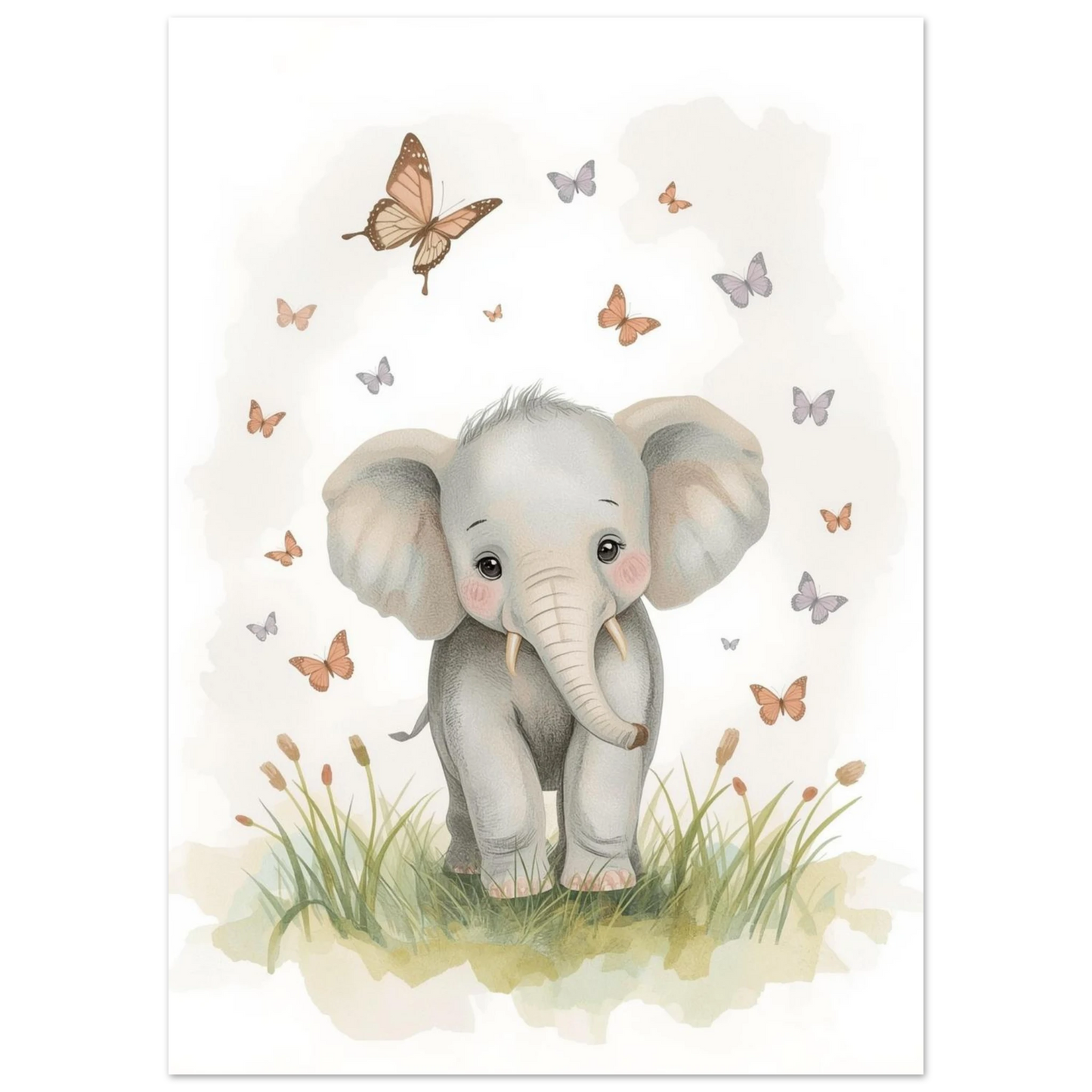 Illustrerad elefant med stora öron på en blomstrande sommaräng, barnposter