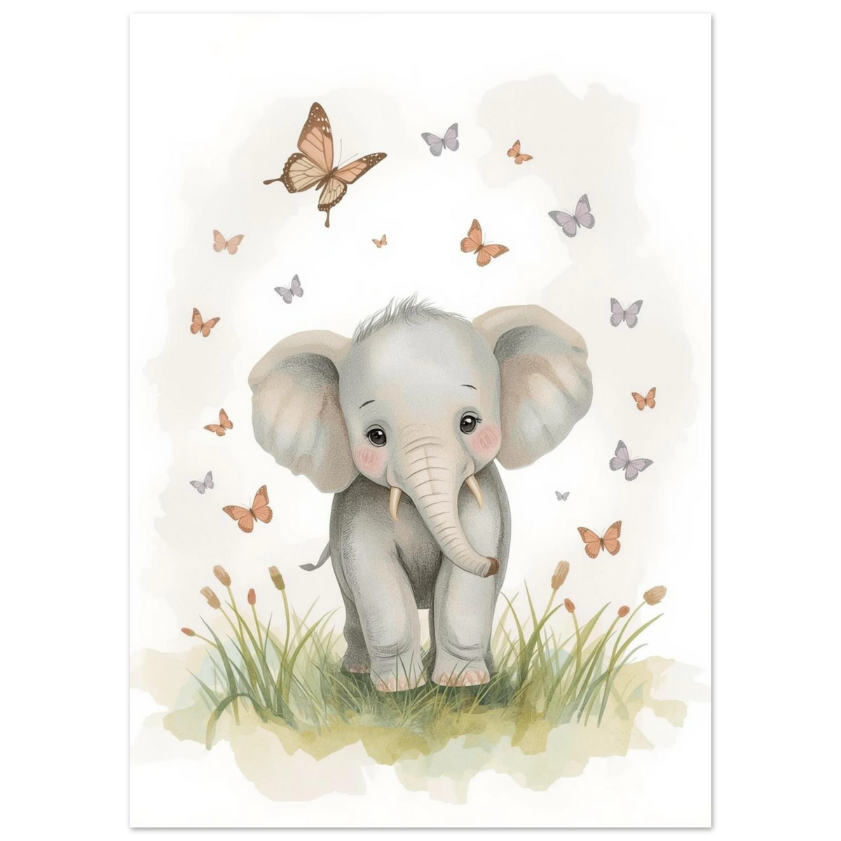 Illustrerad elefant med stora öron på en blomstrande sommaräng, barnposter