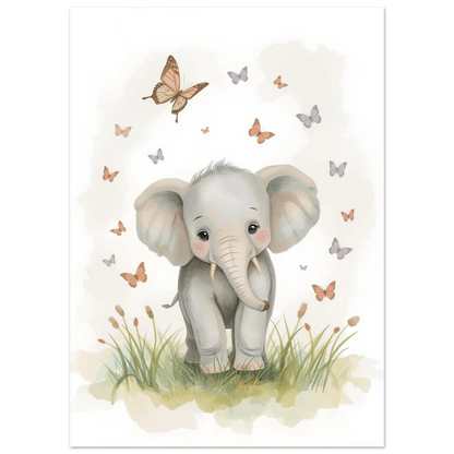 Illustrerad elefant med stora öron på en blomstrande sommaräng, barnposter