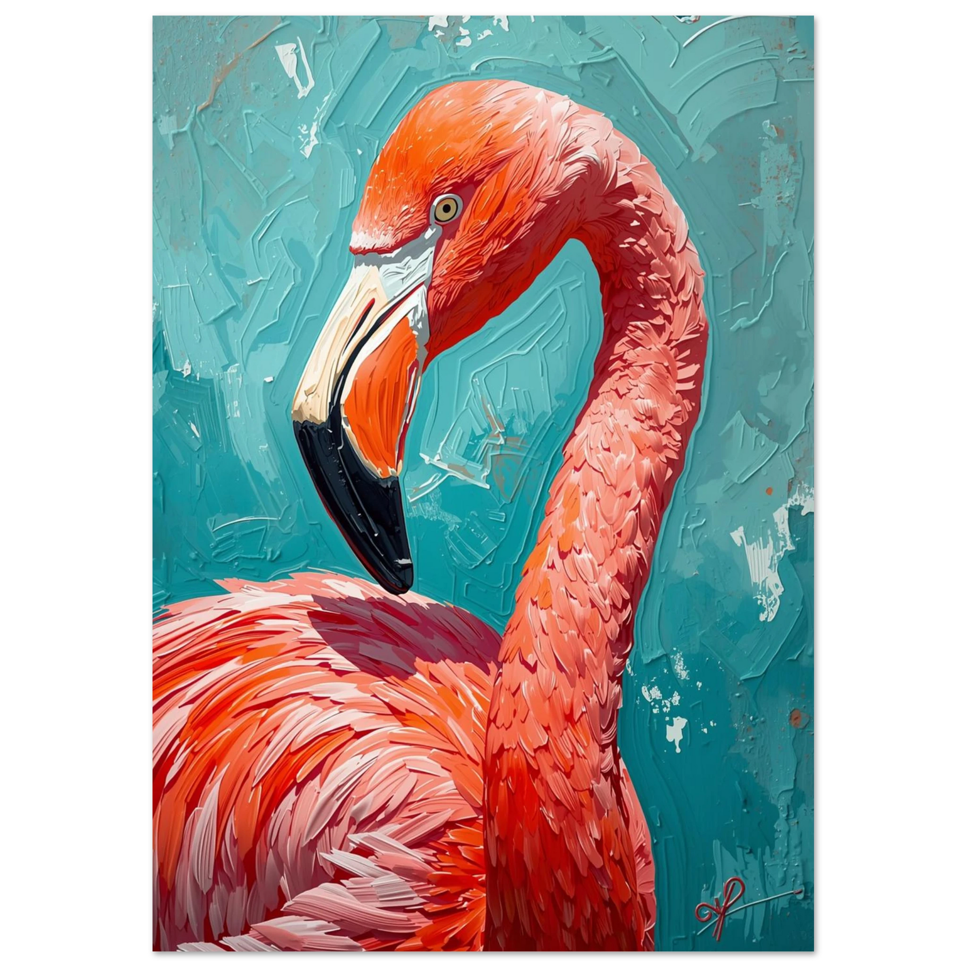 Färgstark djurposter föreställande en flamingo med detaljerade penseldrag i olja