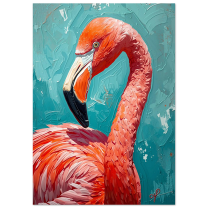 Färgstark djurposter föreställande en flamingo med detaljerade penseldrag i olja