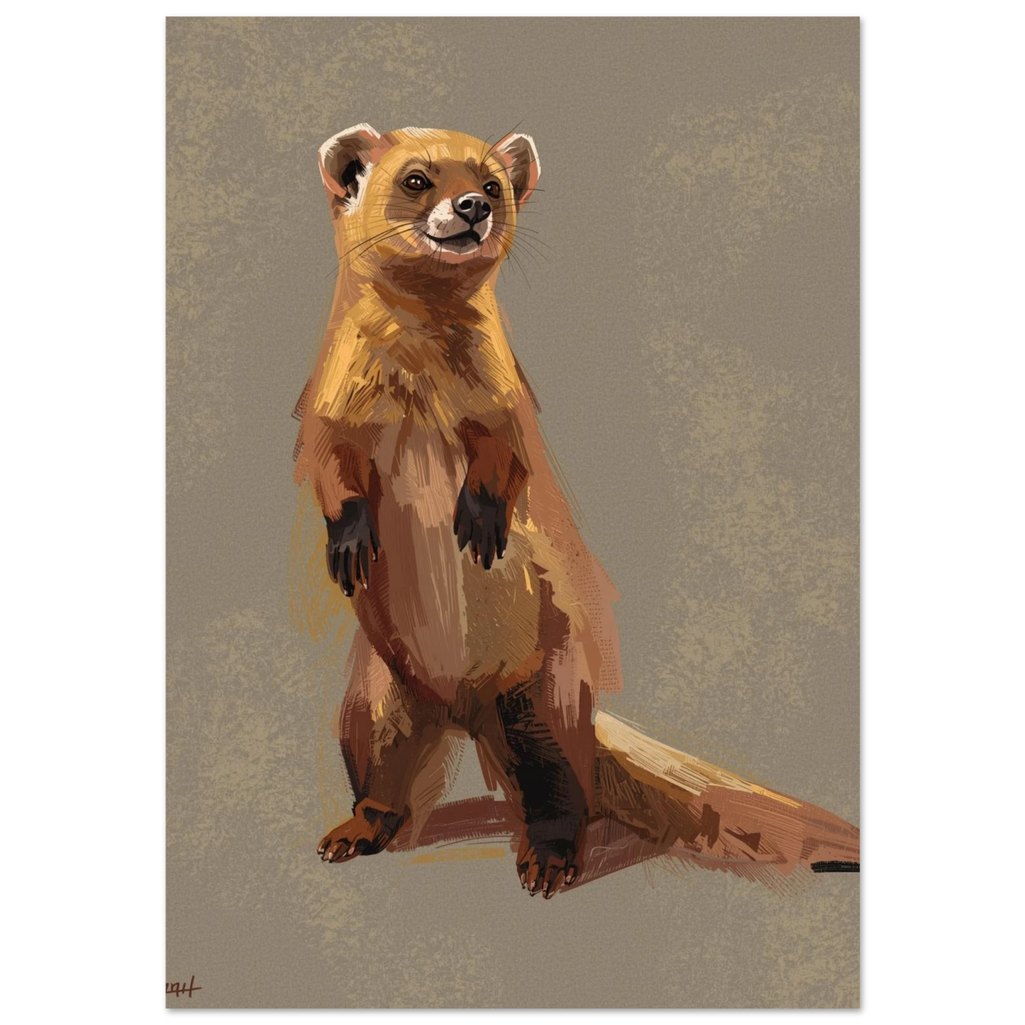 Stående näsbjörn i varmbrun penselstil mot mörkgrå bakgrund – djurposter