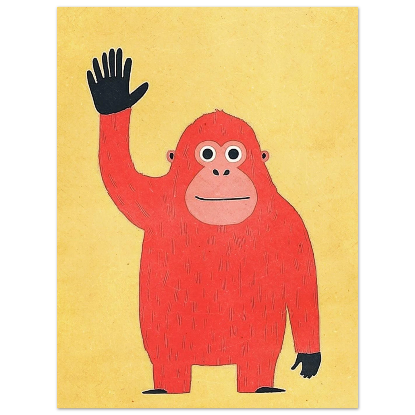Minimalistisk illustration av en orangutang i varma röda och gula toner