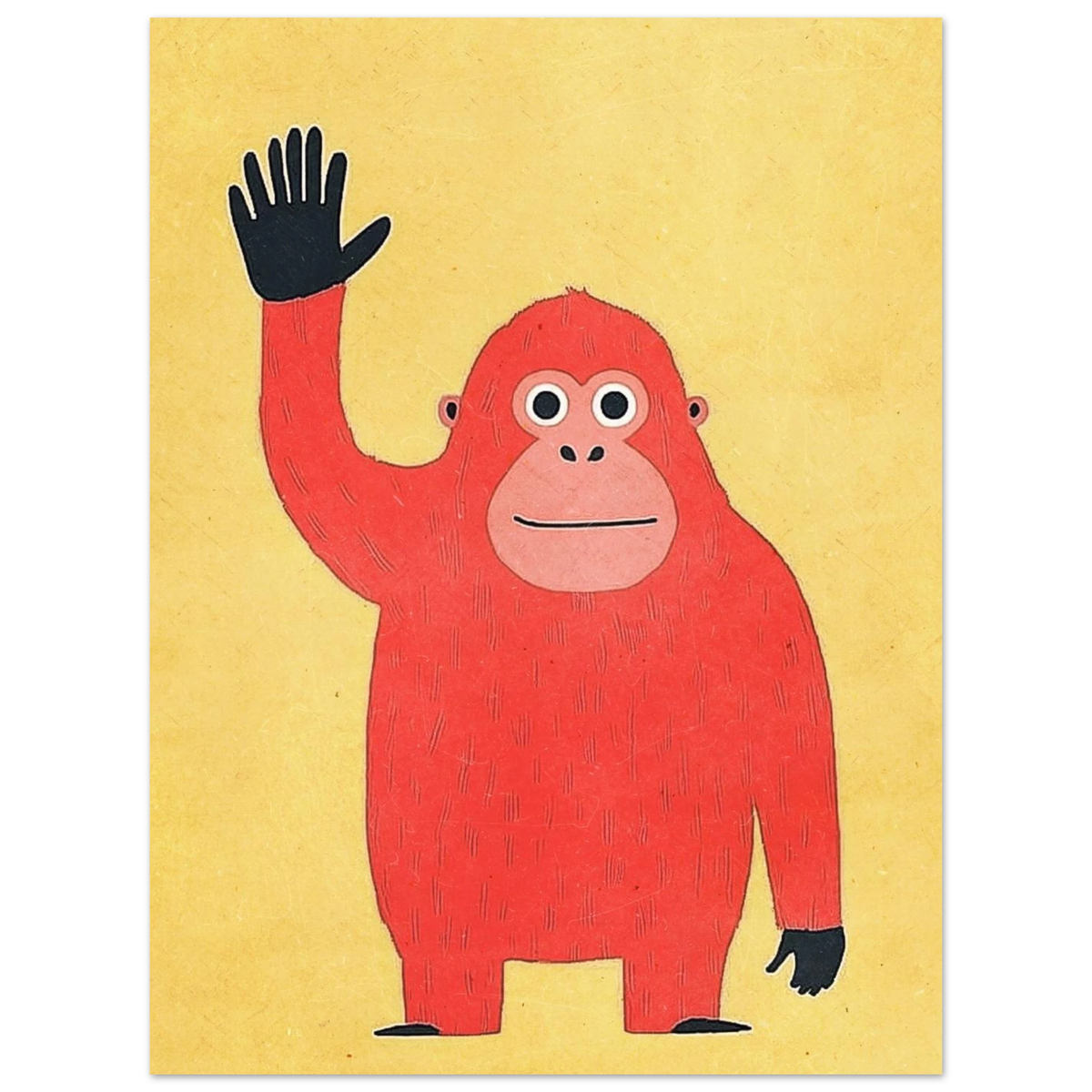 Minimalistisk illustration av en orangutang i varma röda och gula toner