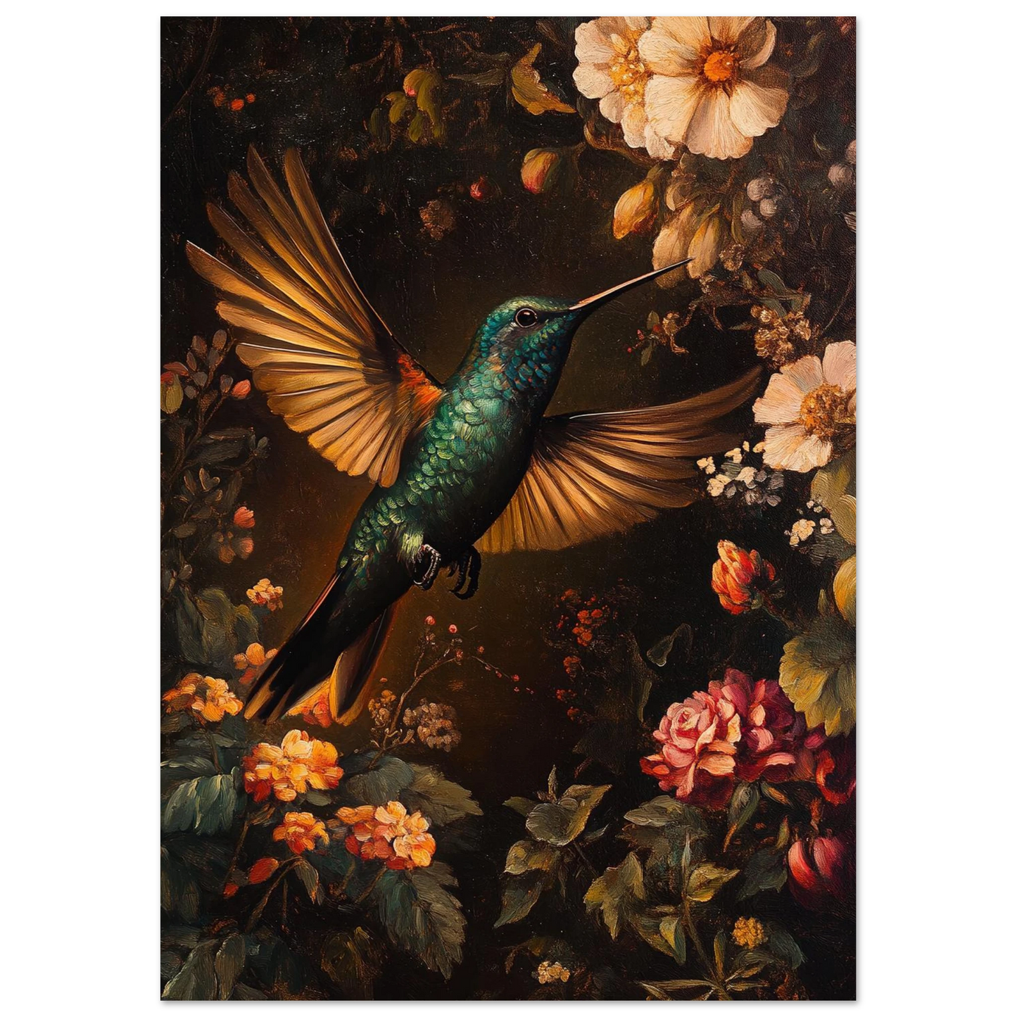 Konstnärligt djurmotiv av en kolibri omgiven av frodig flora, tavla