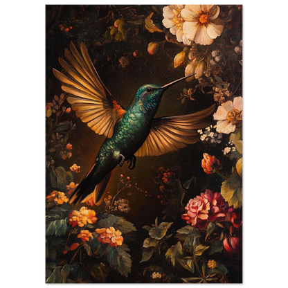 Konstnärligt djurmotiv av en kolibri omgiven av frodig flora, tavla
