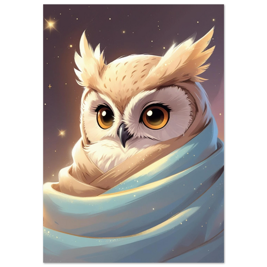 Söt beige uggla inlindad i en ljusblå filt – digital barnposter