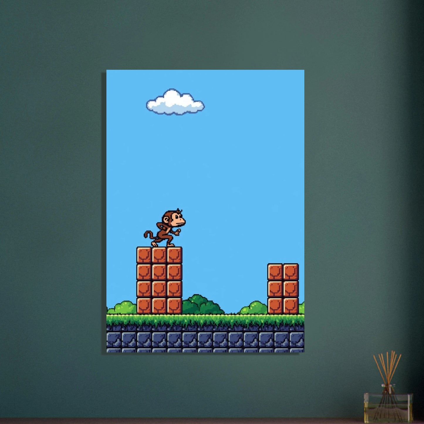 Lekfull pixelapa i 8-bitars plattformsspel, retrokänsla