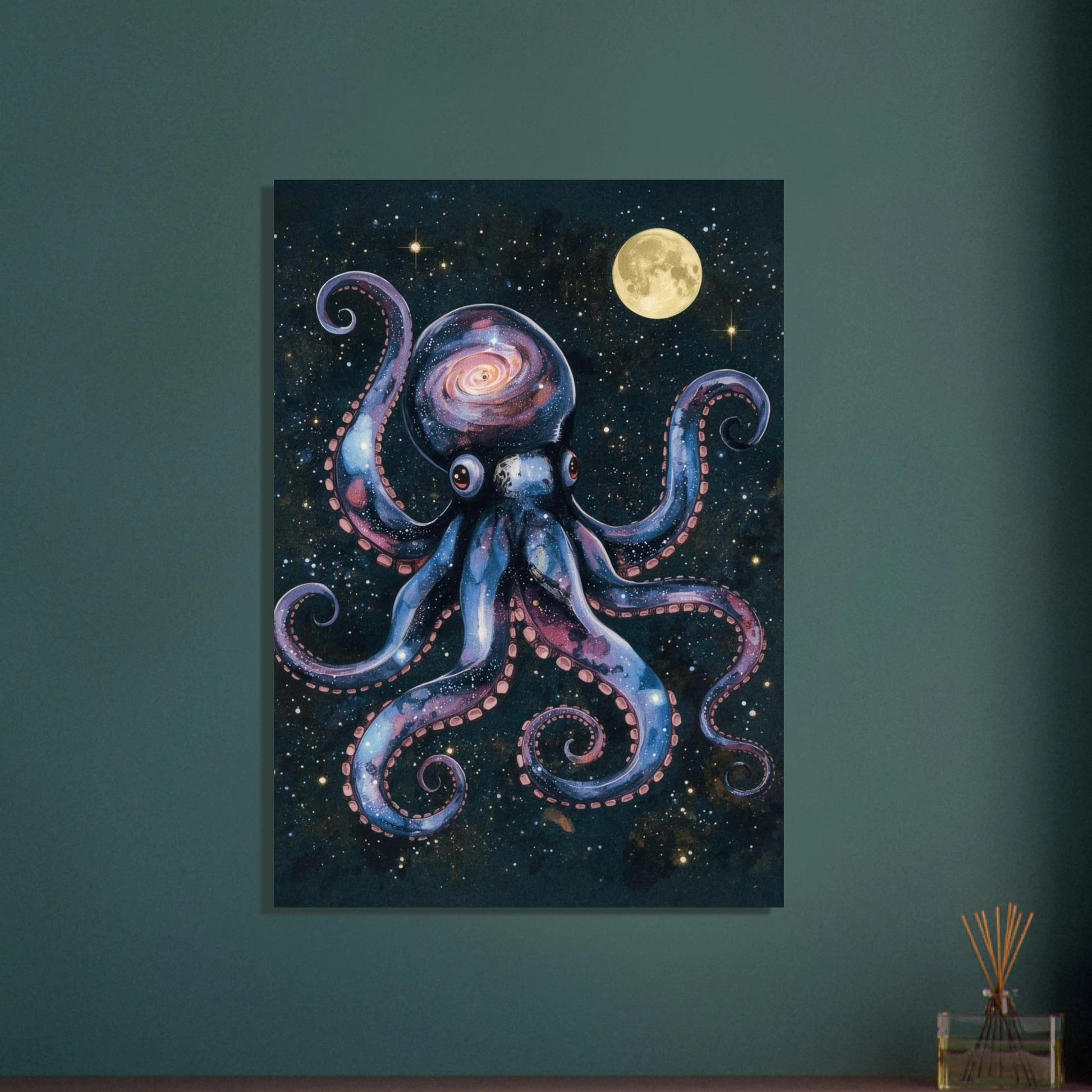 Bläckfisk i rymden med galaxer och stjärnor, surrealistisk akvarellkonst.