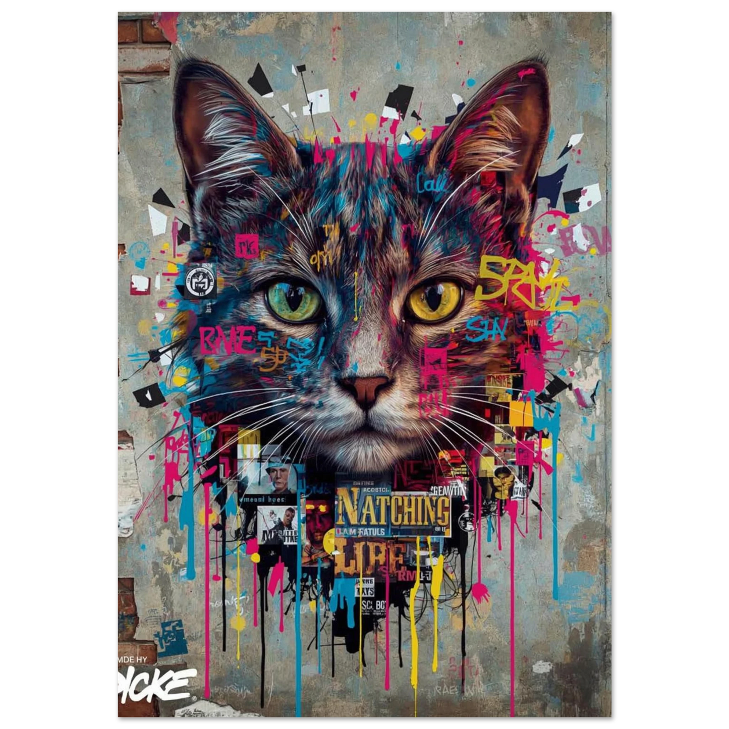 Kattporträtt i street art-stil med neonfärger och graffiti-detaljer