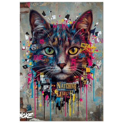 Kattporträtt i street art-stil med neonfärger och graffiti-detaljer