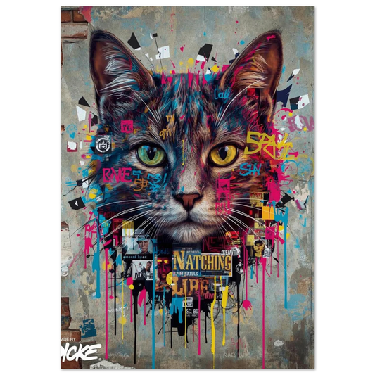 Kattporträtt i street art-stil med neonfärger och graffiti-detaljer