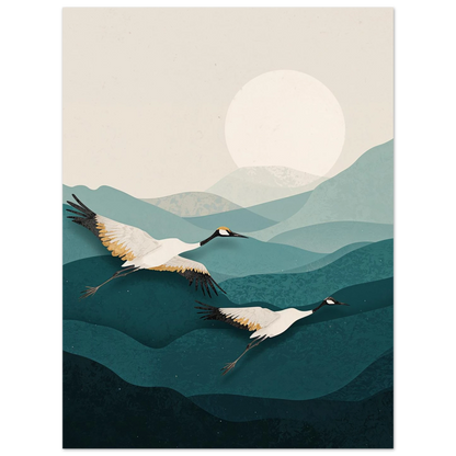 Närbild på illustrerade tranor i flykt med minimalistisk bakgrund – Retro poster