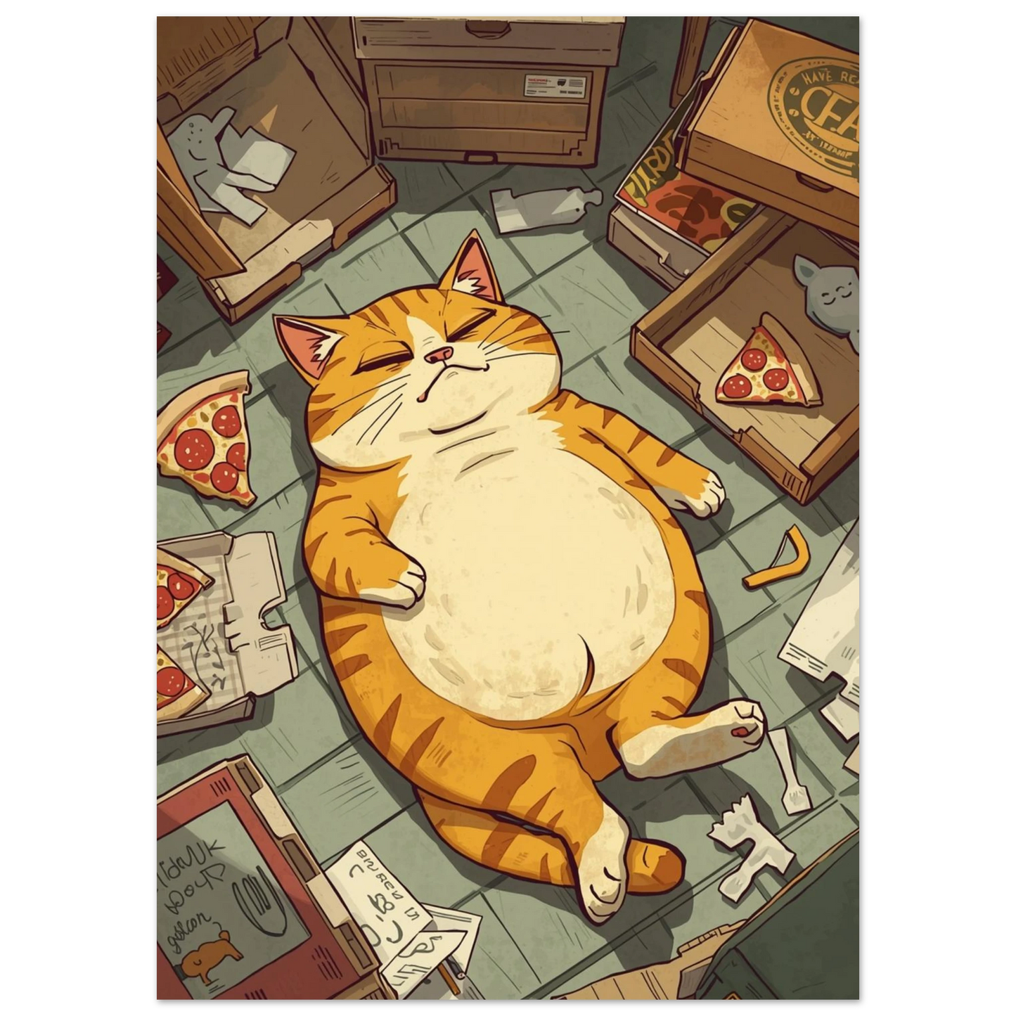 Illustration av mätt tabbykatt som vilar efter pizzafest – lekfull djurposter