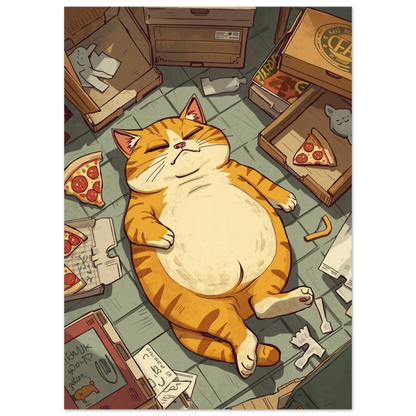 Illustration av mätt tabbykatt som vilar efter pizzafest – lekfull djurposter