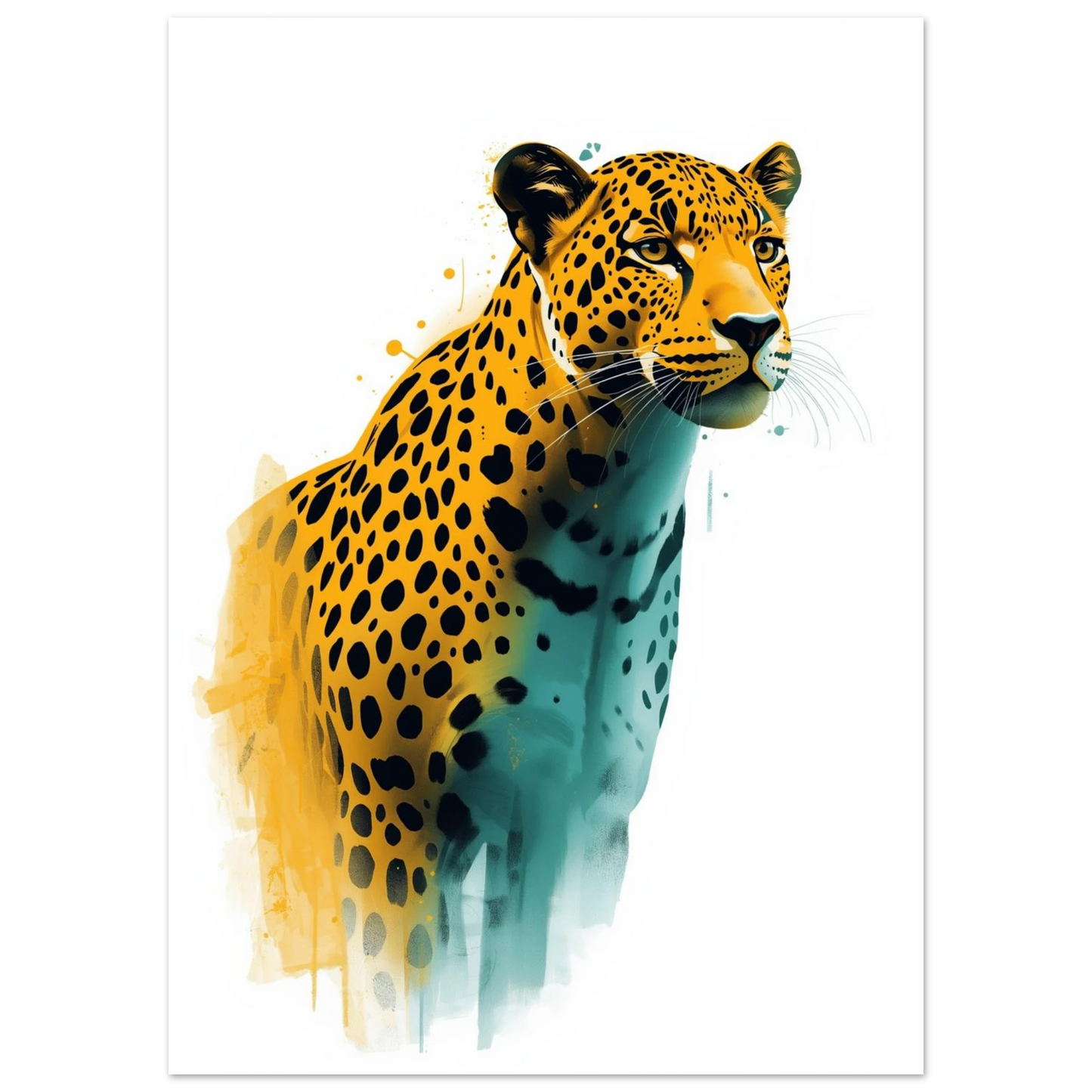 Stiliserad leopardposter med mjuka färgövergångar och intensiv blick på vit bakgrund
