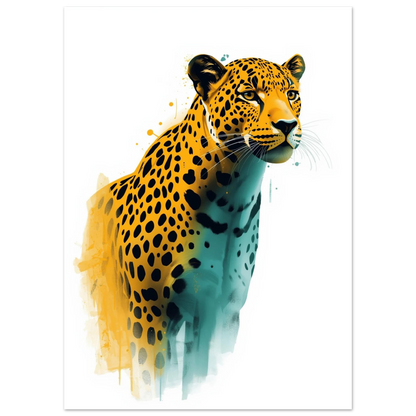 Stiliserad leopardposter med mjuka färgövergångar och intensiv blick på vit bakgrund