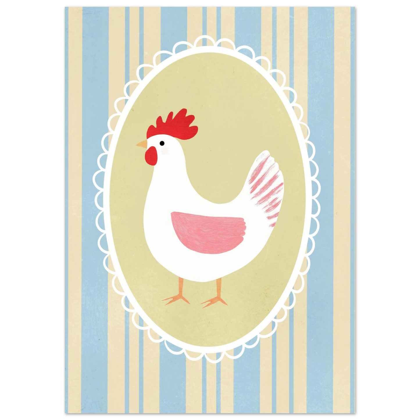 Illustration av en höna med röda detaljer och spetskantad ram – vintageposter
