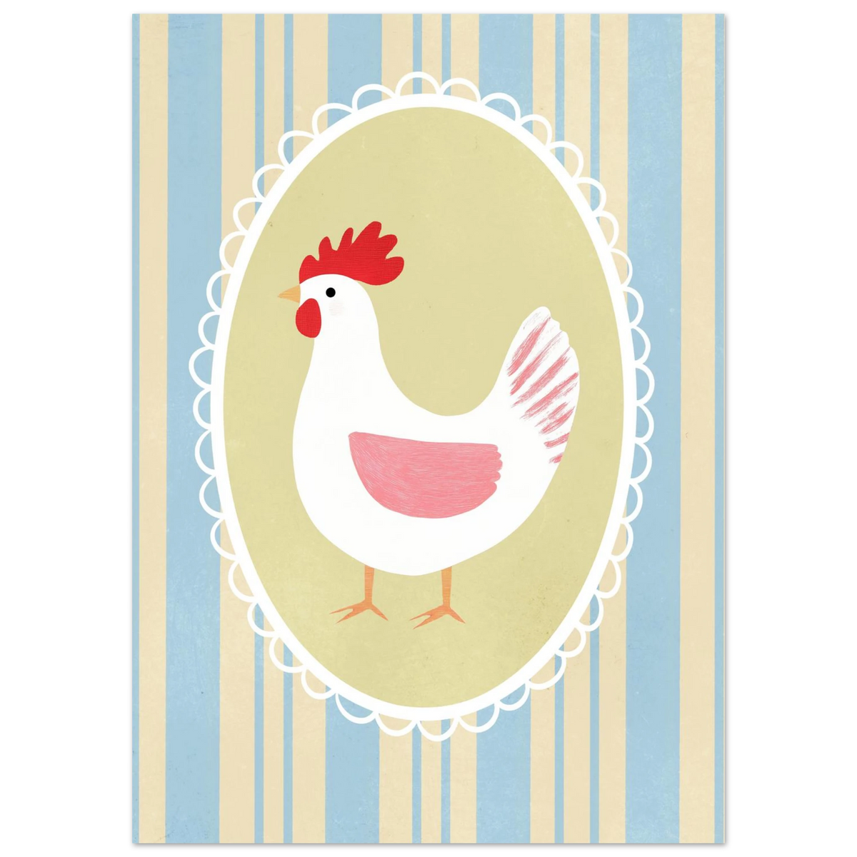 Illustration av en höna med röda detaljer och spetskantad ram – vintageposter