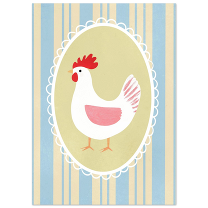 Illustration av en höna med röda detaljer och spetskantad ram – vintageposter