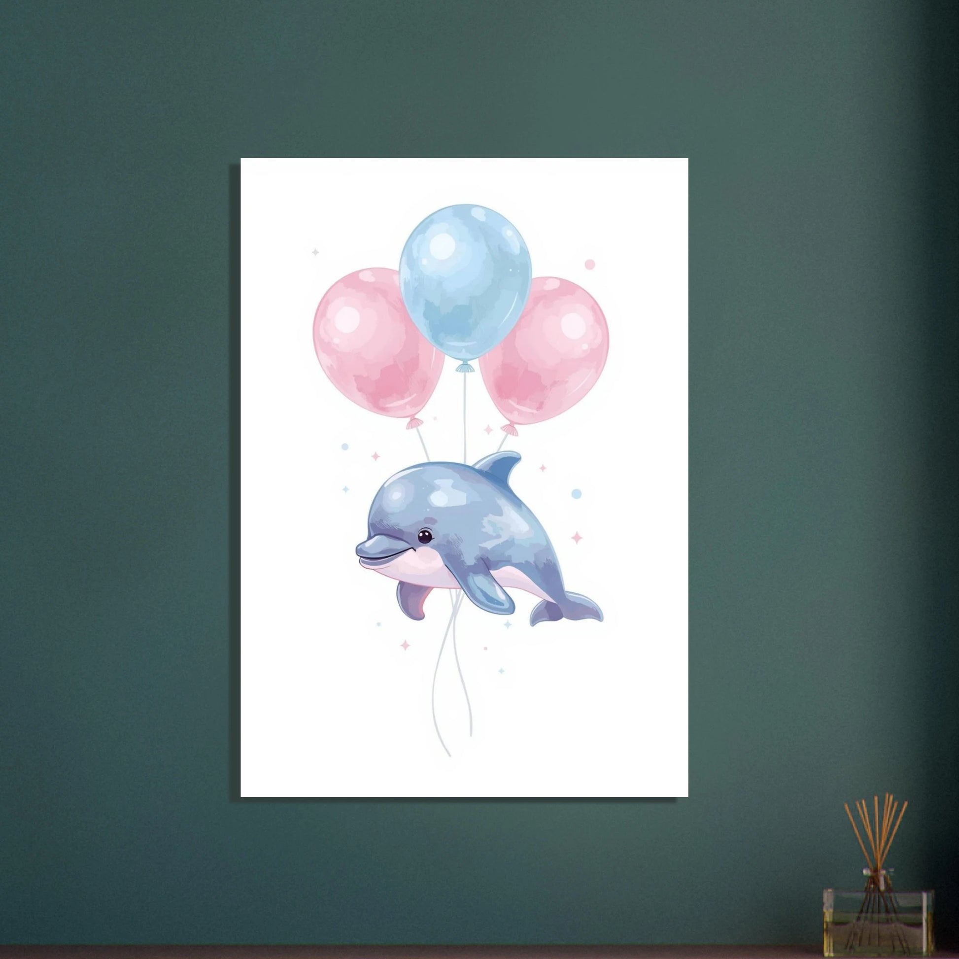 Babydelfin som svävar med ballonger, mjuk och lekfull illustration.
