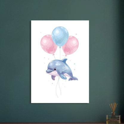 Babydelfin som svävar med ballonger, mjuk och lekfull illustration.